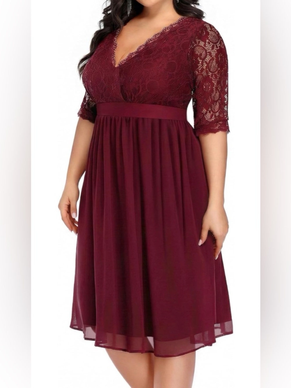 Pinup Fashion Lace Chiffon Wrap V Neck Cocktail Wedding Guest Midi Dress